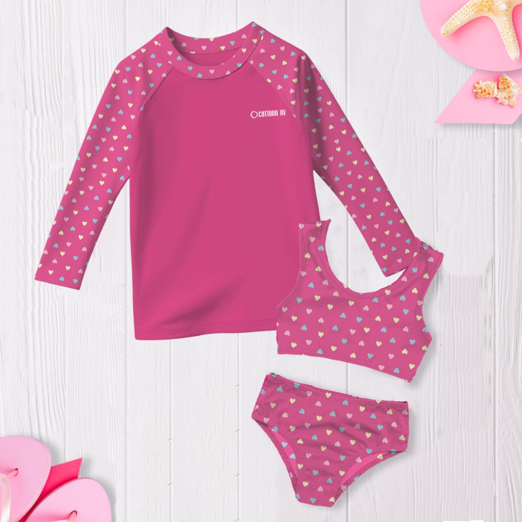 Conjunto Biquini infantil + Camiseta UV Proteção Solar UV 50 Piscina Natação para Meninas Moda Praia