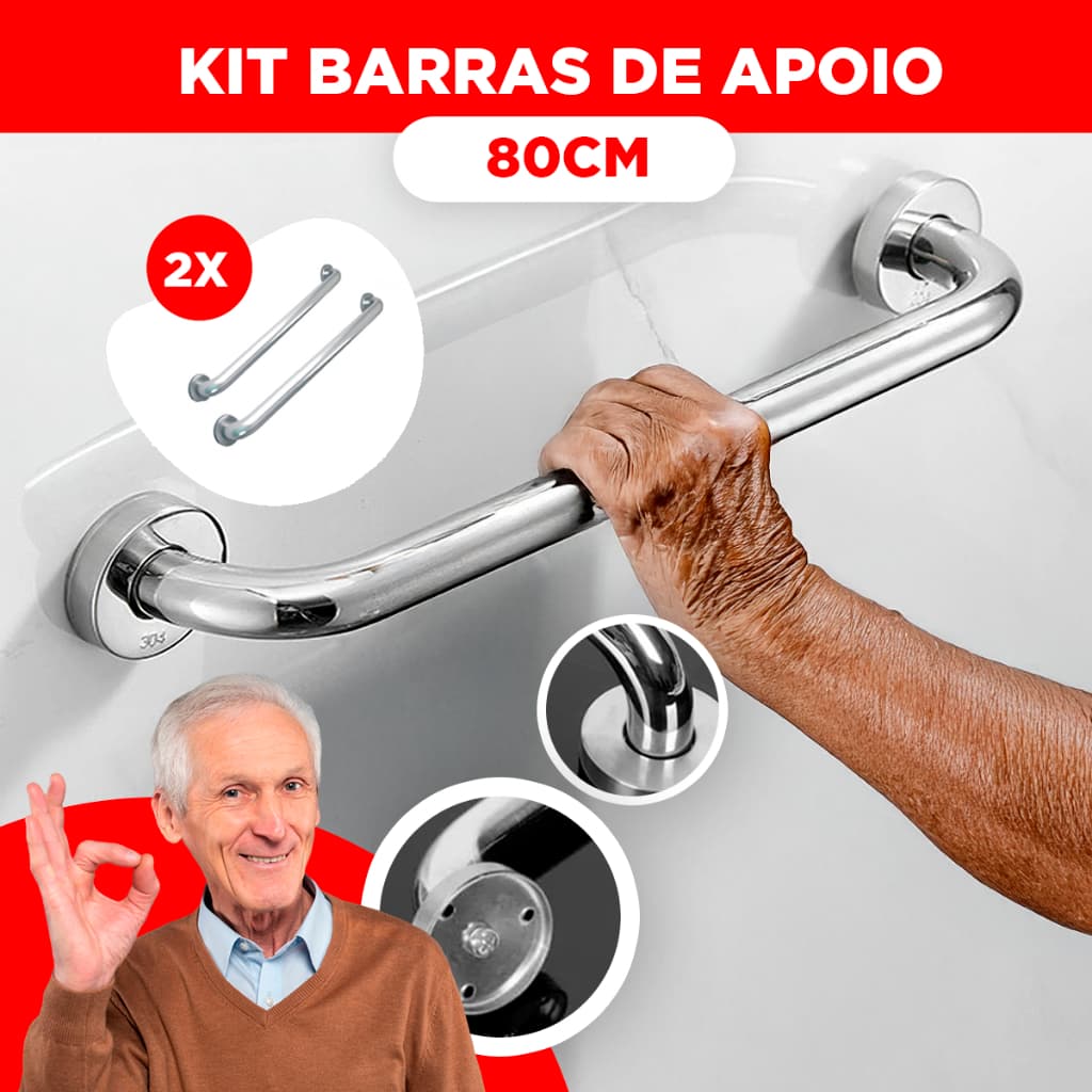 Barra de Apoio Inox 80cm para Banheiro | Alça de Segurança Idosos e Cadeirantes | Suporte Parede