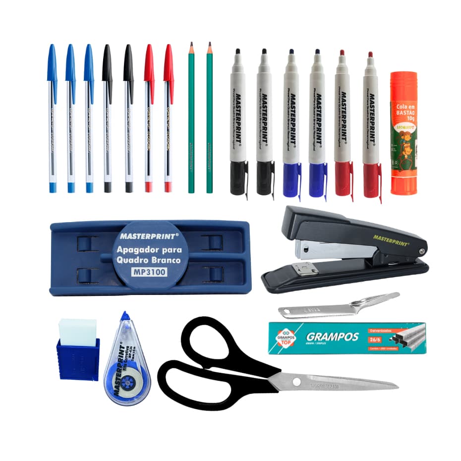 kit 23 Itens Professor Material Escolar apagador caneta pincel de quadro Branco grampeador corretivo grampo tesoura cola