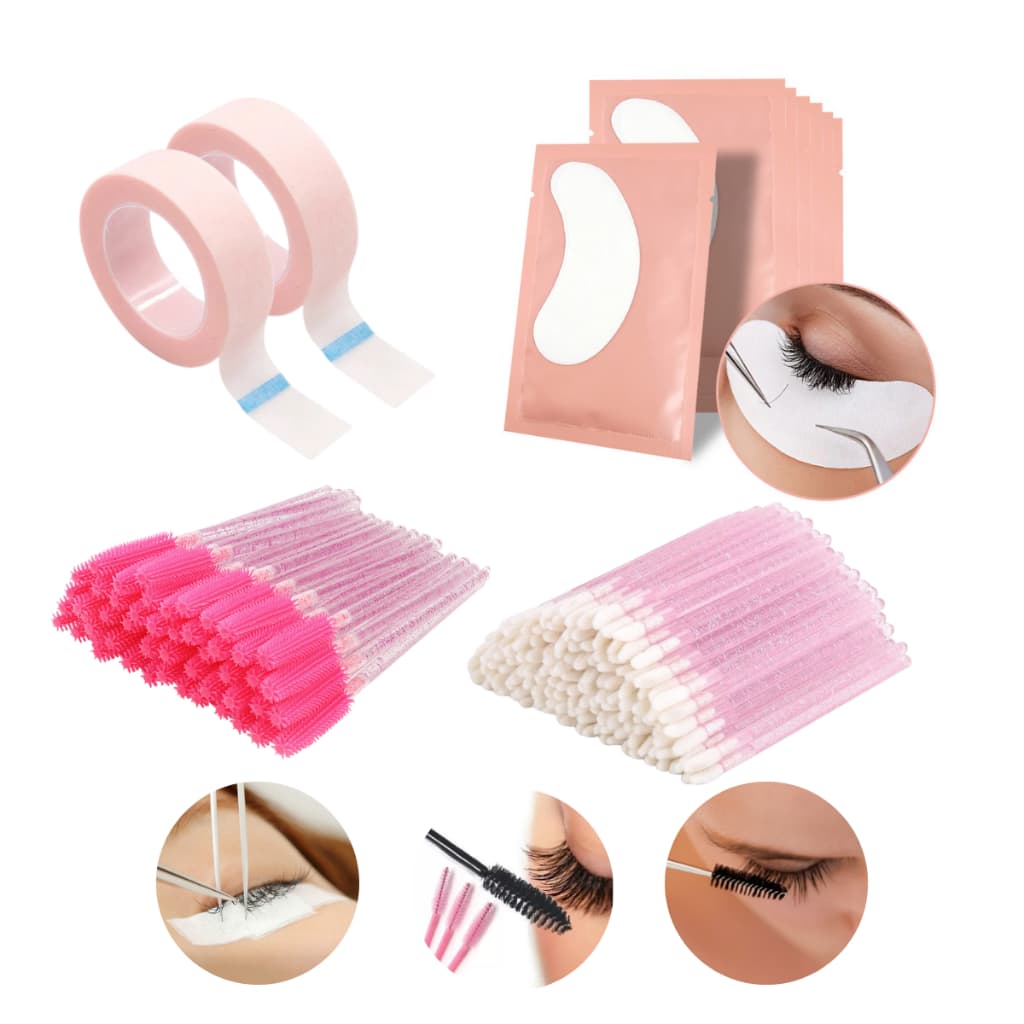 Kit Alongamento De Cílios - 100 Pads + 50 Escovinhas + 50 Aplicadores + Fita Transpore