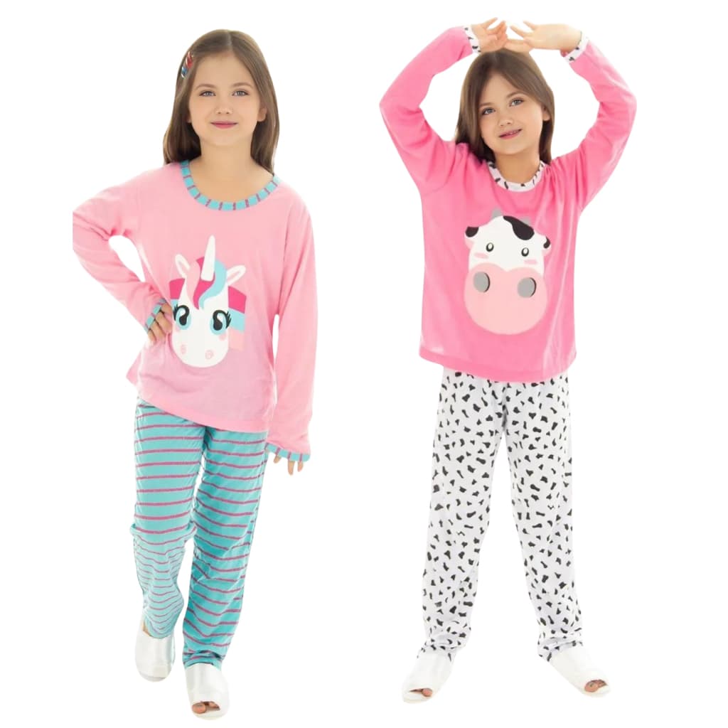 Kit 2 Pijama Longo Infantil Feminino Manga Longa Inverno Personagens