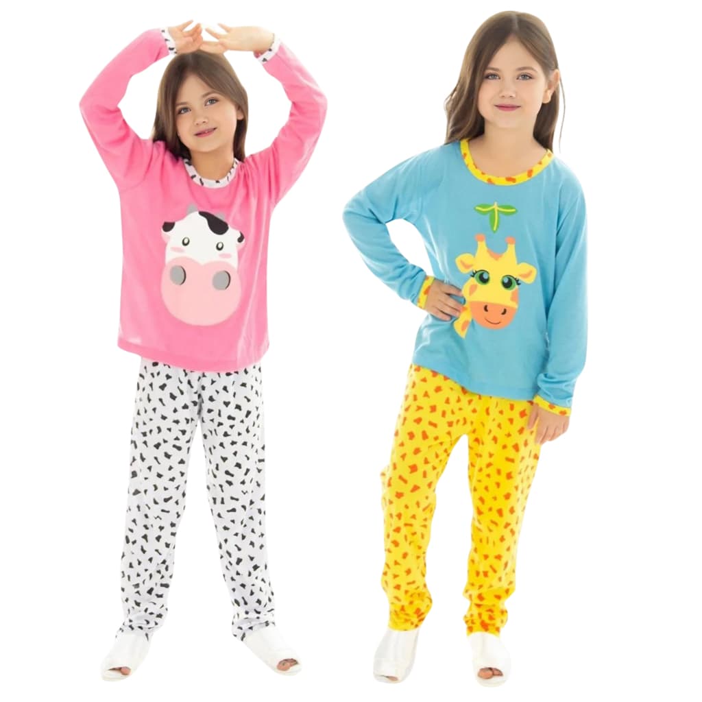 Kit 2 Pijama Manga Longa Infantil Feminino Estampa Sortida Inverno Personagens Elástico na Cintura