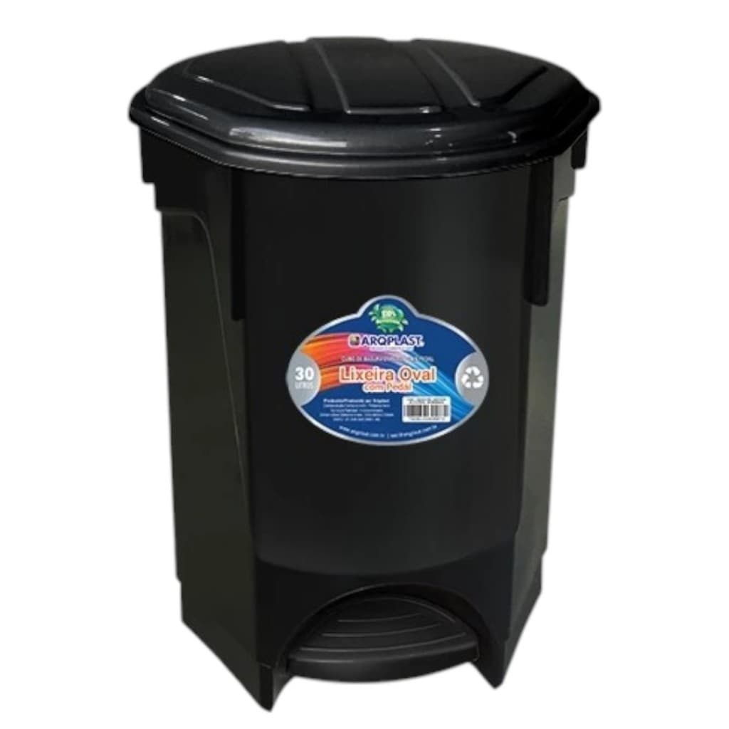 Lixeira Oval Grande 30L Com Pedal e Tampa Arqplast Preto