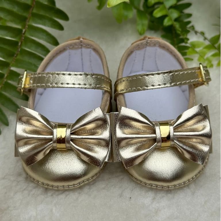 Sapatilha Bebê tipo Boneca Dourada Laço de verniz e Metal direto da fábrica Sapatinho Ouro Light