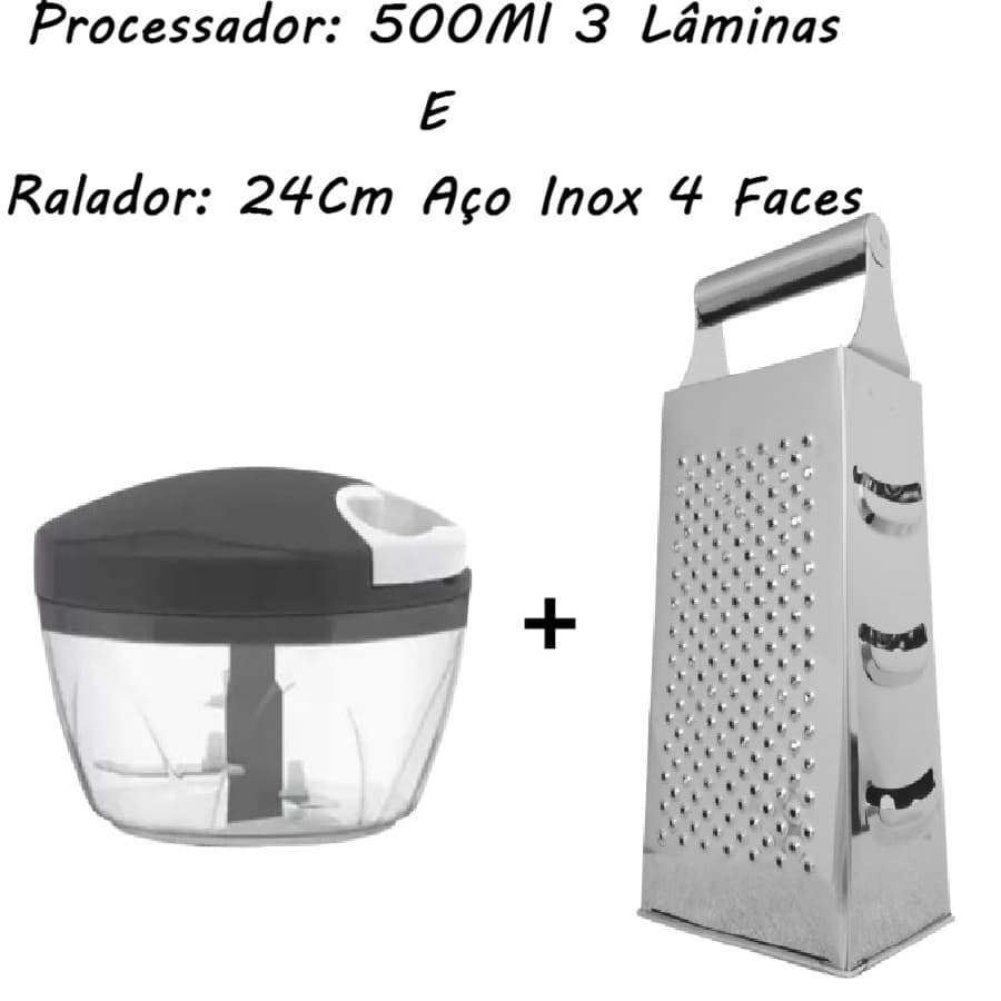 Processador 3 Lâminas 500Ml Manual Alimentos Triturador E 4 Faces 24Cm Ralador Inox Resistente