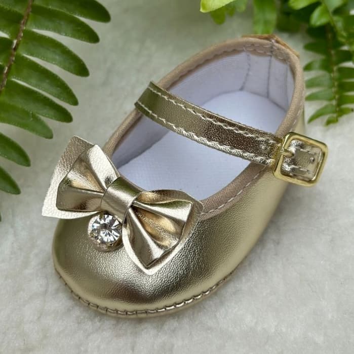 Sapatilha Bebê tipo Boneca Dourada com laço de verniz e Strass direto da fábrica – Ouro Light