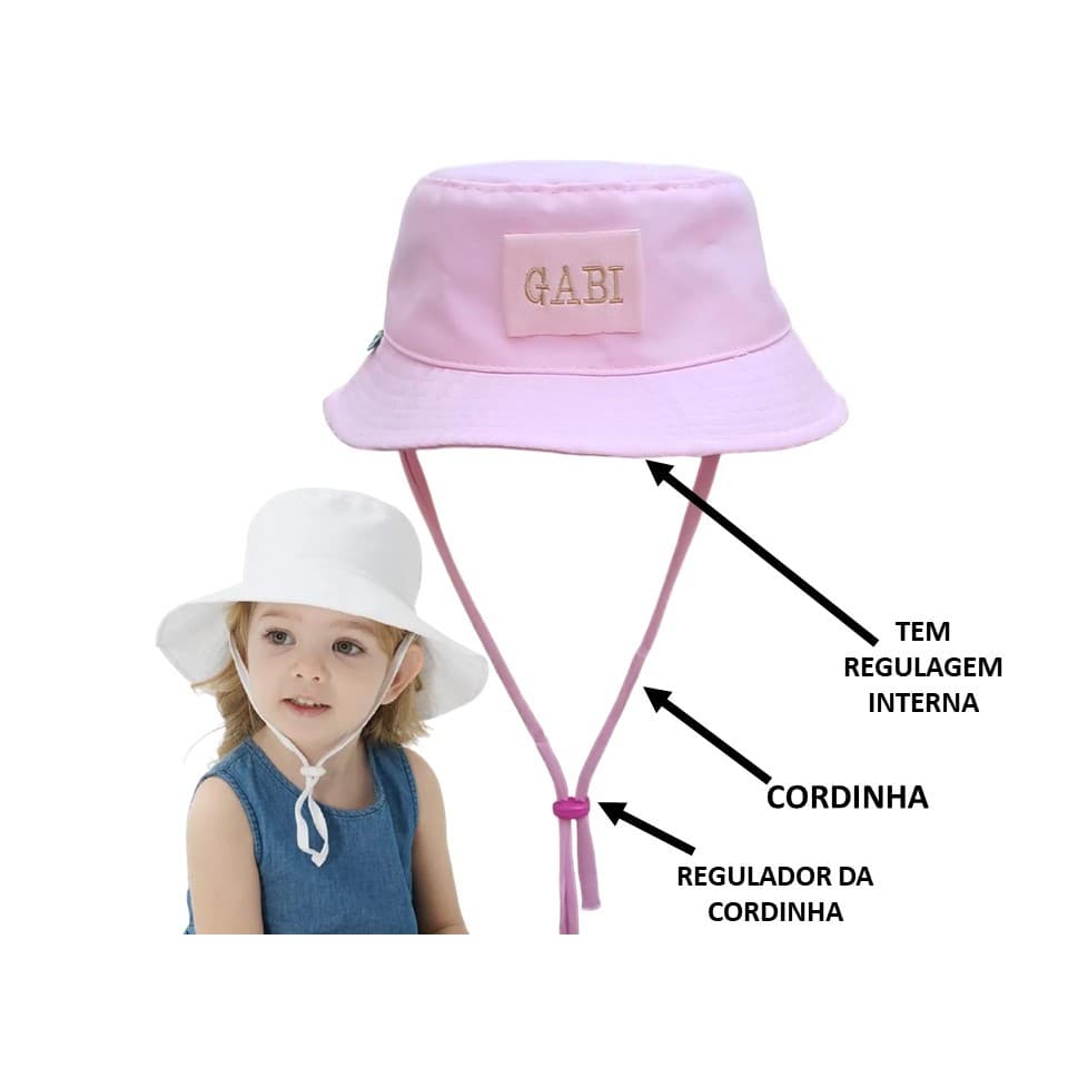 Chapéu Bucket Personalizado Bebê Infantil Cordinha PROTEÇÃO SOLAR
