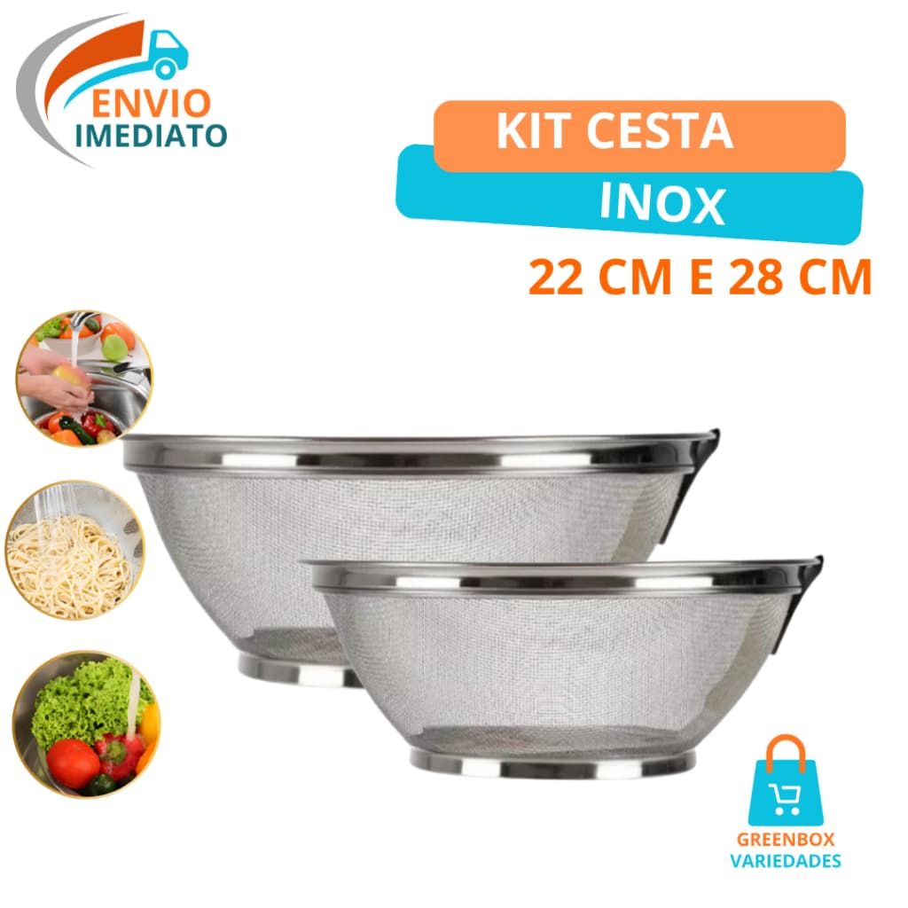 Kit Cesta Inox Multiuso Escorredor E Armazenamento Frutas Legumes Arroz Macarrão 22 CM 28 CM