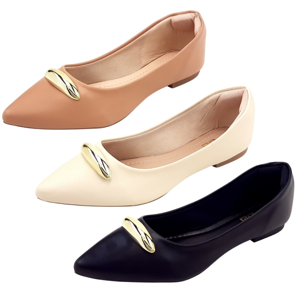 Kit com 3 Sapatilhas Feminina Enfeite Amendoa Metalizado Fivela Total Conforto