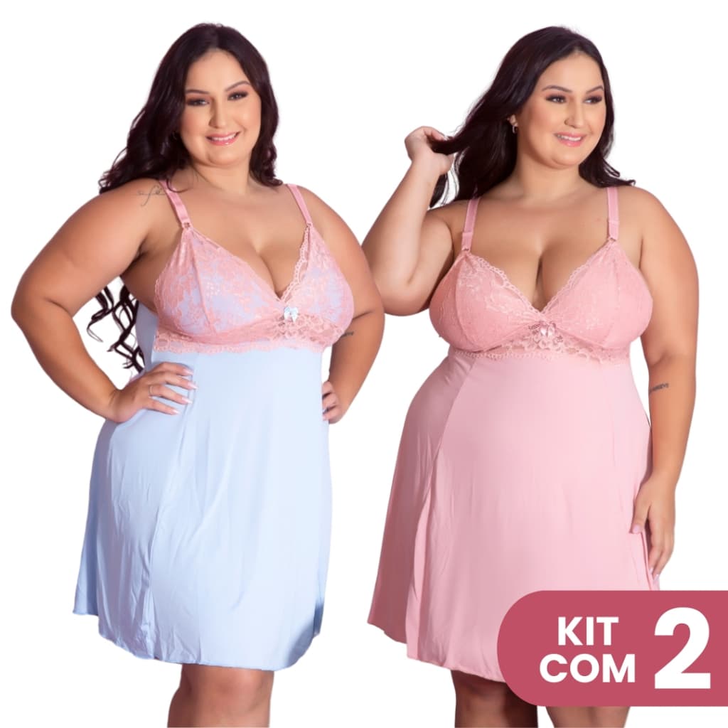 Kit 2 Camisolas Plus Size Romantic Sexy Tamanho Grande Confortável Charmosa Roupa Dormir