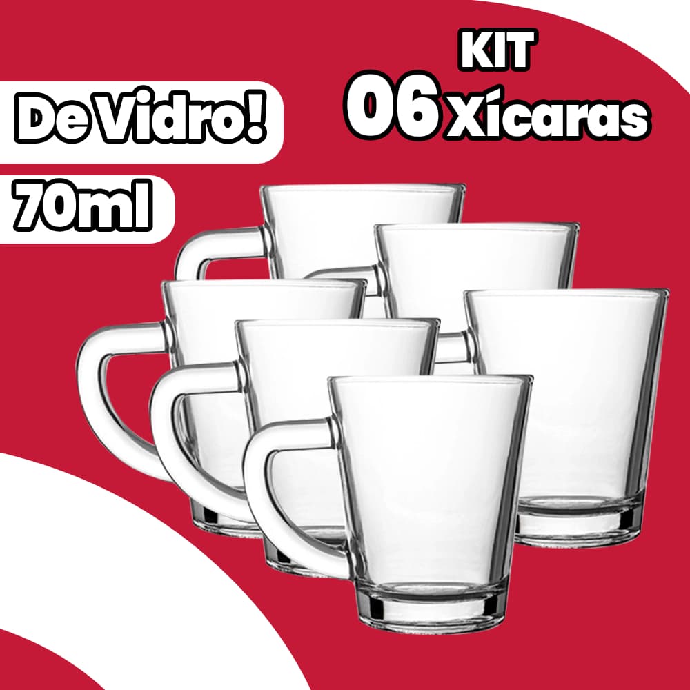 Kit 6 Xícaras de Vidro para Café ou Chá 70ML Premium Resistente Elegante Funcional