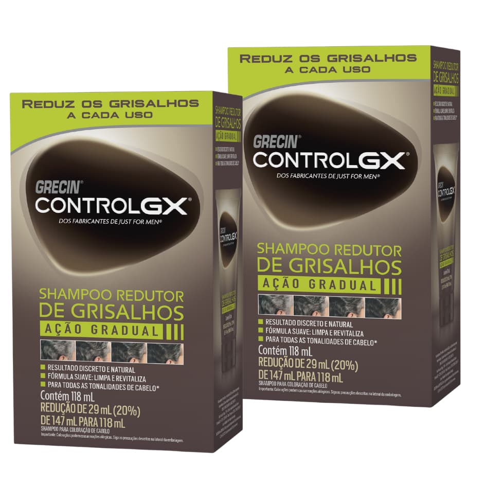 Kit 2x unid. - Grecin Control GX Shampoo Redutor Gradual de Grisalhos 118ml - Para todos os tipos e natural de cabelo.