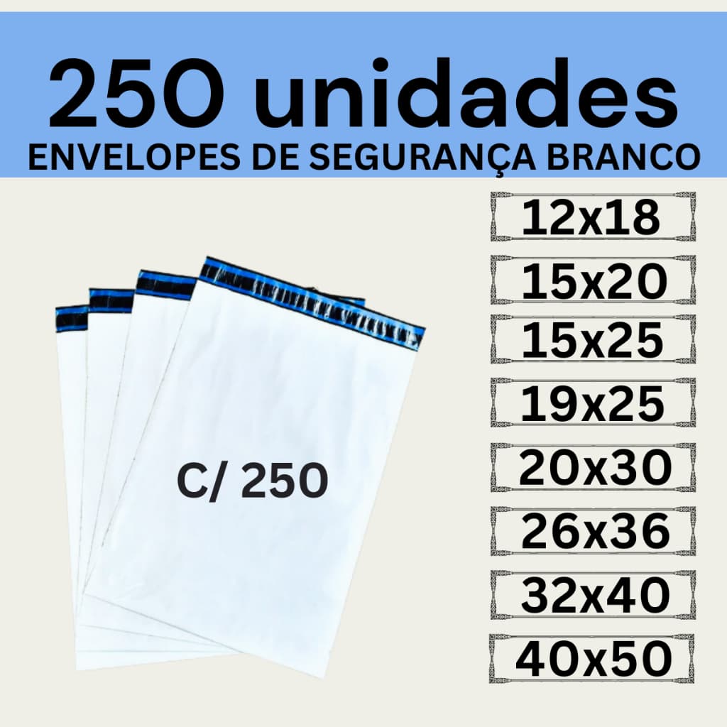 Kit 250 Envelopes Segurança Branco Coex Embalagem De Envio 12x18 15x20 15x25 19x25 20x30 26x36 32x40 40x50 50x60 80x60
