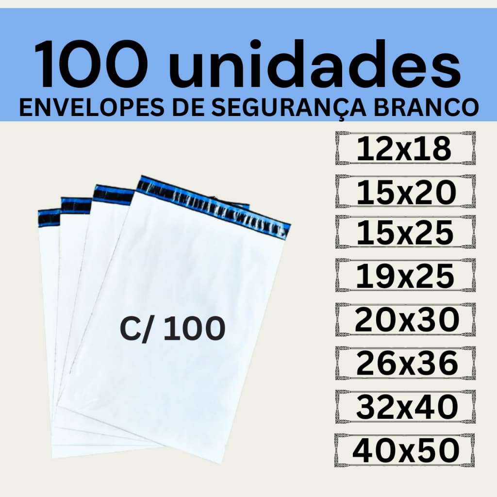 Kit 100 Envelopes Segurança Branco Coex Embalagem De Envio 12x18 15x20 15x25 19x25 20x30 26x36 32x40 40x50 50x60 80x60