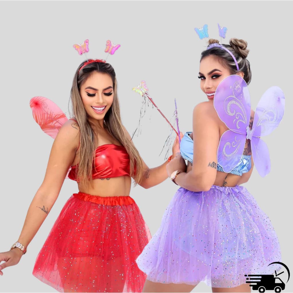 Kit Asa Borboleta + Saia Fantasia Infantil e Adulto com Varinha e Tiara | Carnaval Cosplay Festa Aniversário