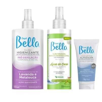 Kit Depil Bella Loção Pré Lavanda e Melaleuca 500ml + Loção Hidratante Pós Água de Coco 300ml + Creme Calmante Alfazulen