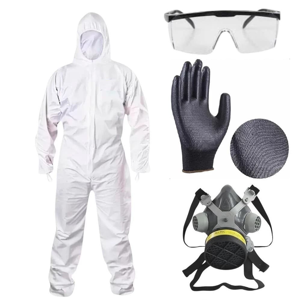 Kit Macacão òculos de proteção Máscara Respiratória c/Filtro Luva Pu Segurança Epi