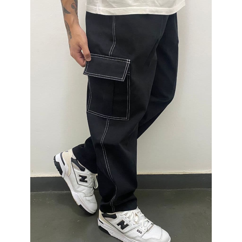 Calça Cargo Preta Com Costuras Branca Unisex - Linha Branca