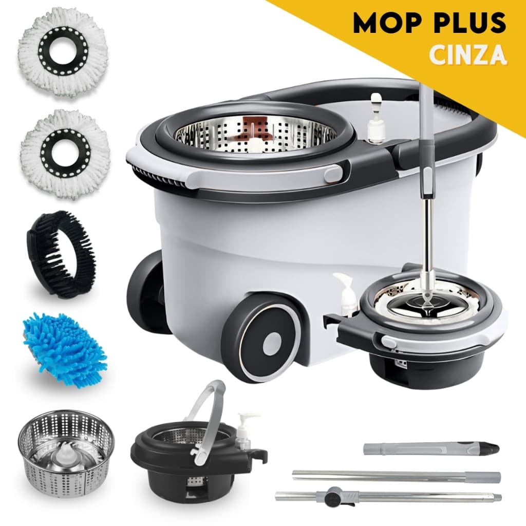 Mop Giratório Com Cesto Em Inox Cinza - Cabo 150cm - Completo - NL