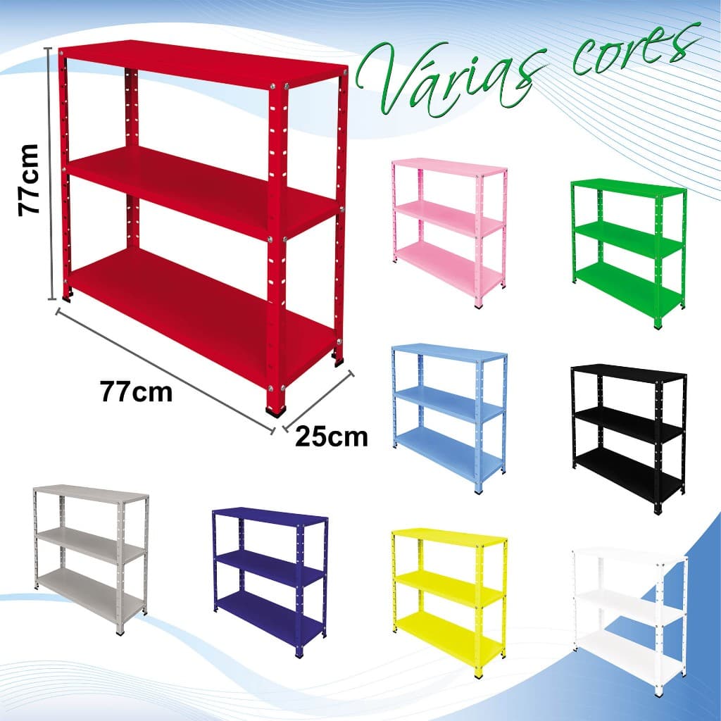 Estante 3 prateleiras de aço reguláveis 25cm multiuso várias cores