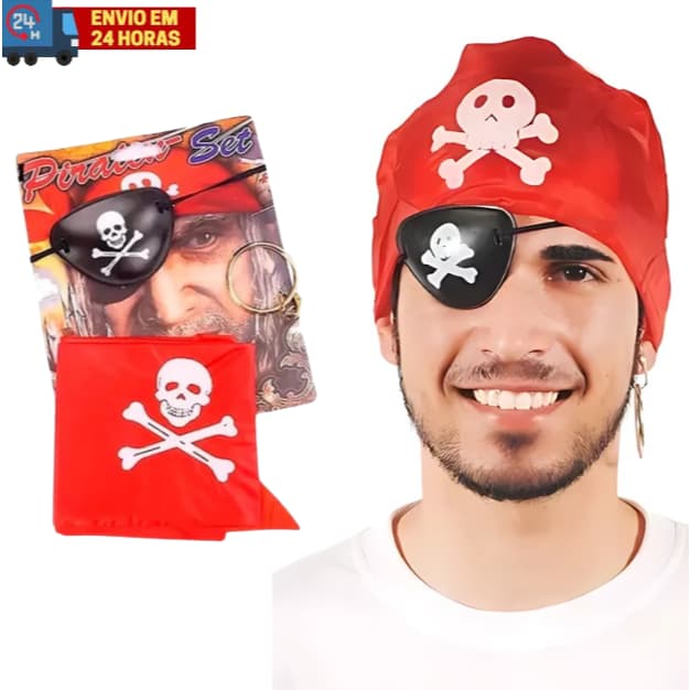 Kit Acessório Fantasia Pirata Bandana Tampa Olho Argola