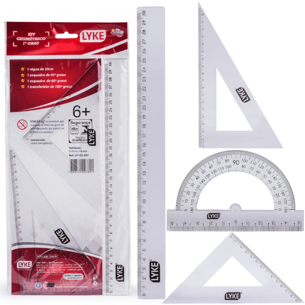 Kit Geométrico 4 Peças Régua Esquadro Transferidor Escolar