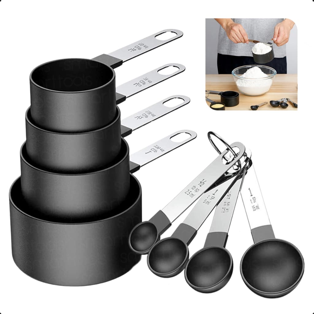 Conjunto Colher Xicaras Medidoras Com 8 Peças Inox Prático Colher Medidora Cozinha Alimentos