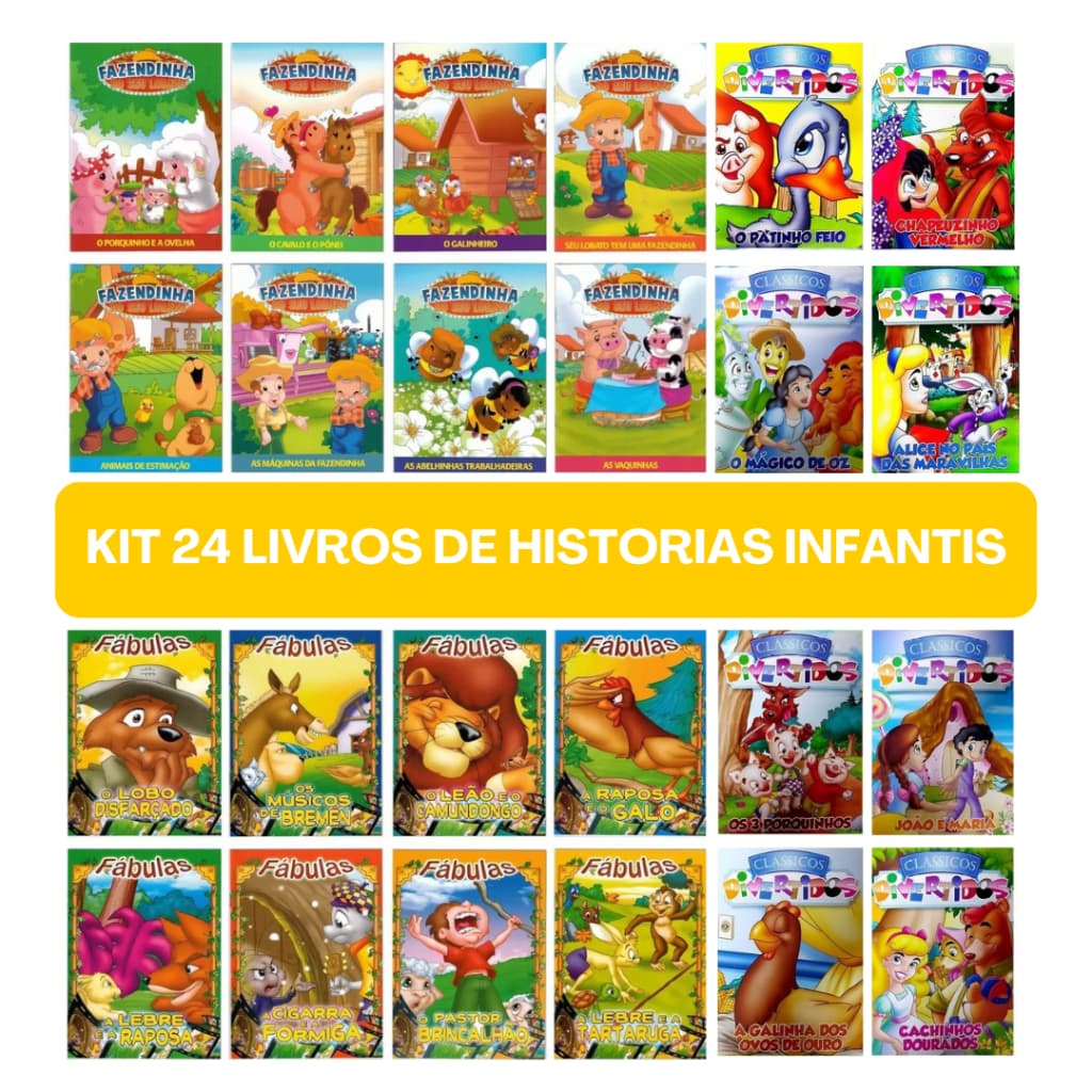 Kit 24 livros de Historias Infantis - Clássicos - Fabulas - Fazendinha do Seu Lobato