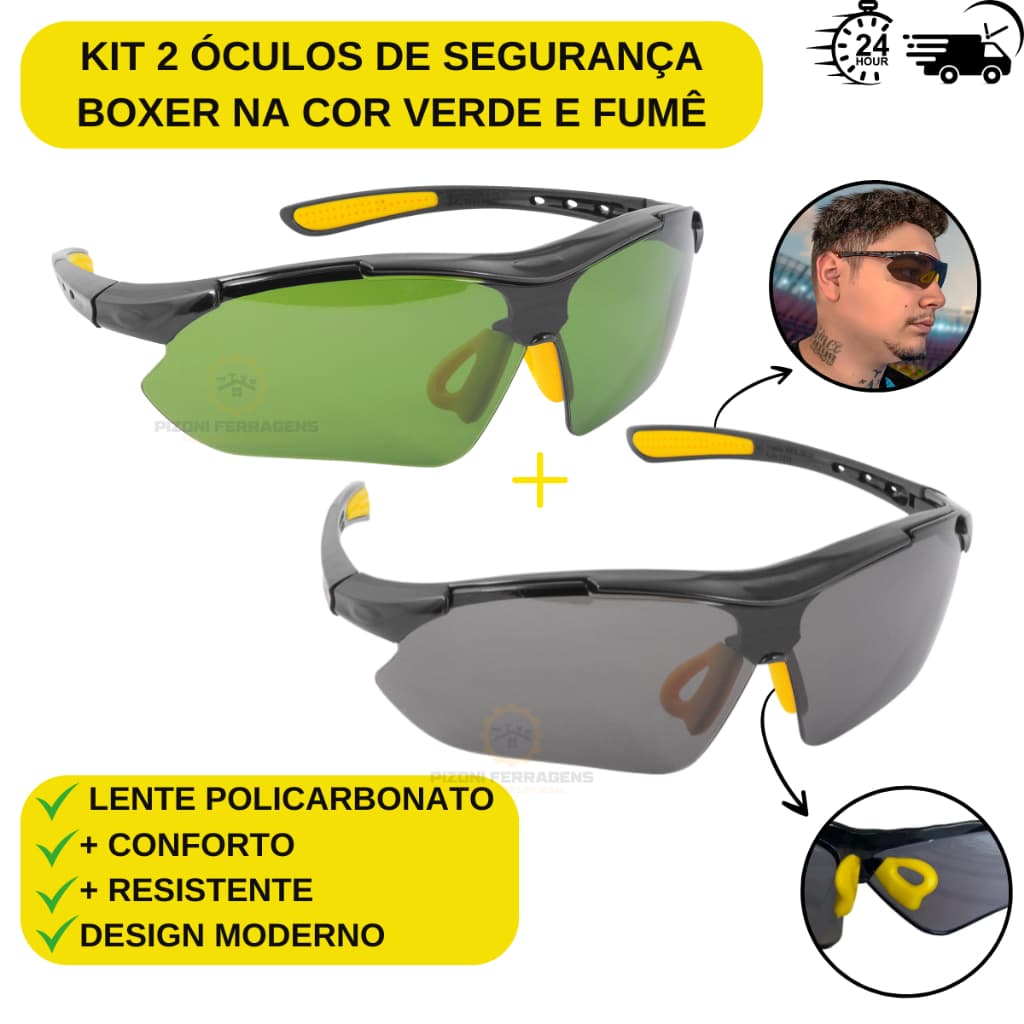 Kit 2 Oculos De Proteção Epi Vonder Segurança Visao Cor Verde e Fumê + Resistente