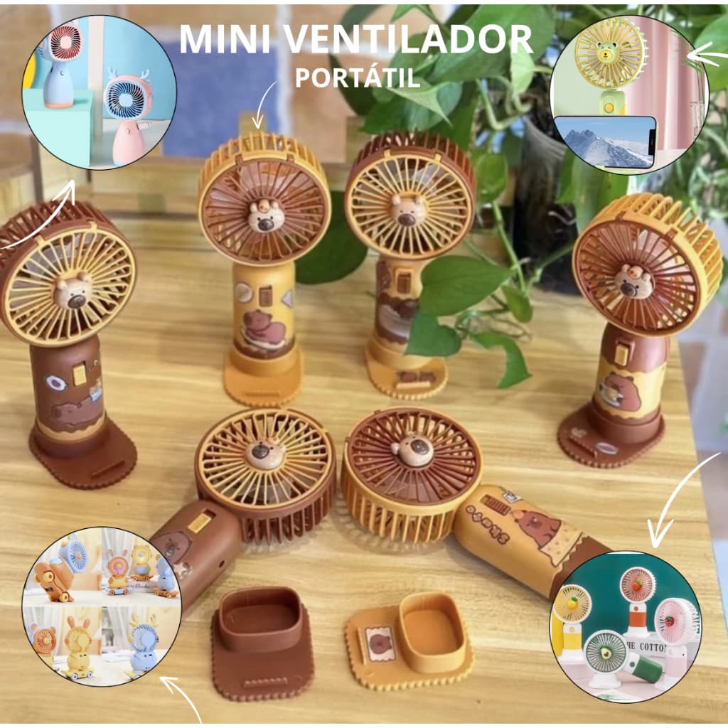Mini Ventilador Portátil Recarregável USB com Suporte - Modelos de gatinhos, capivara, ursos, coelhos e frutas