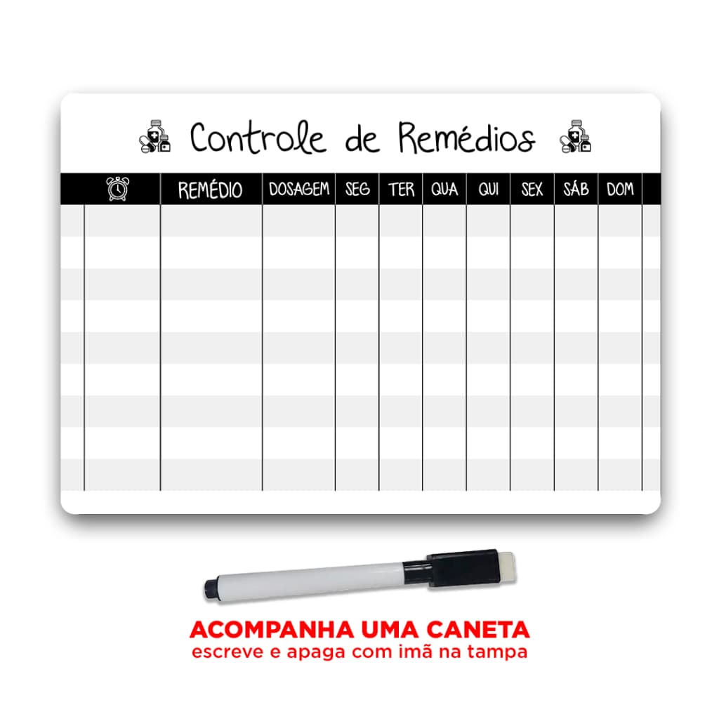 Lousa Magnética Geladeira Organização e Controle de Medicamentos c/ Caneta -  29x20cm