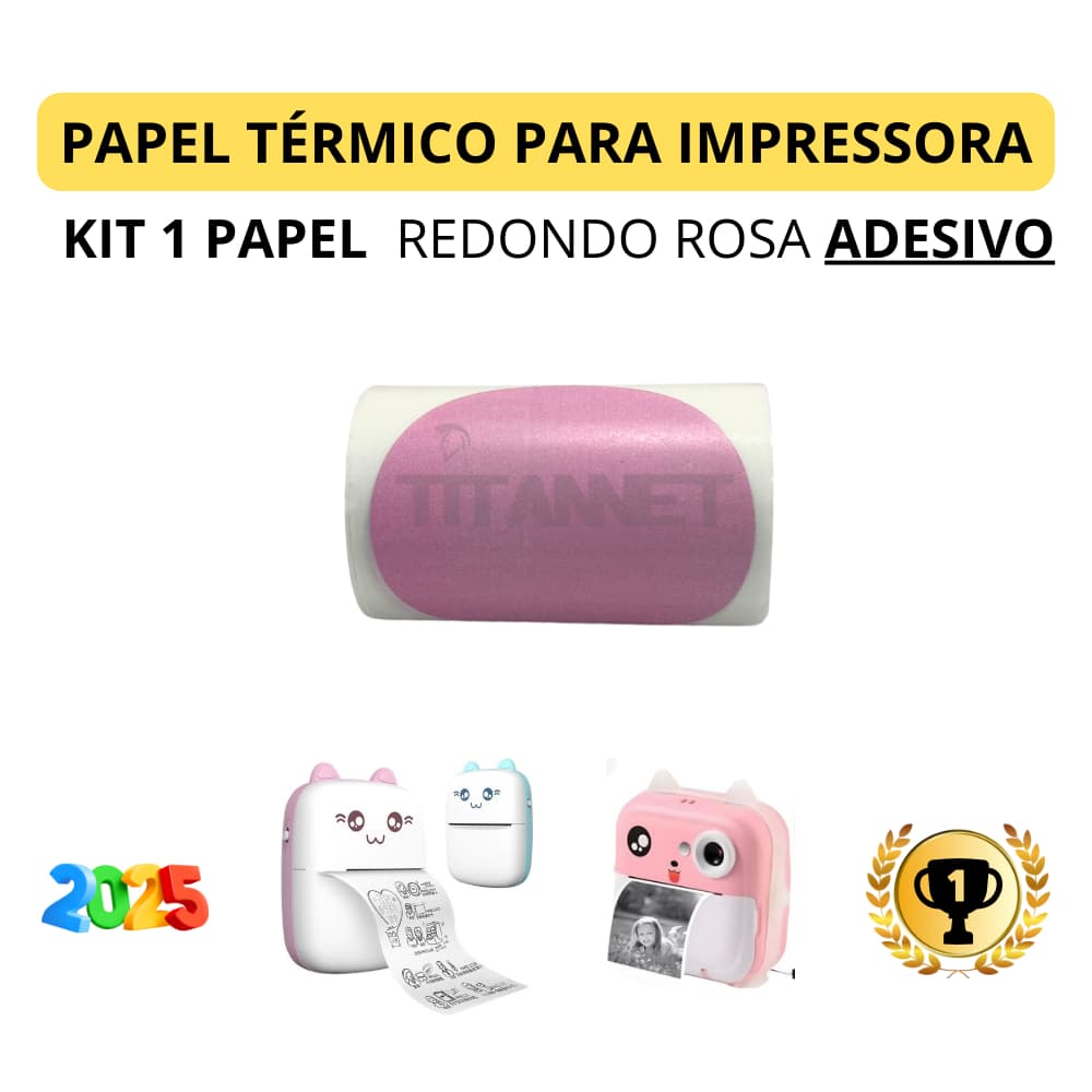 Kit com 1, 3 e 5 Rolos de Etiqueta Adesiva Redonda Rosa para Impressora Gato