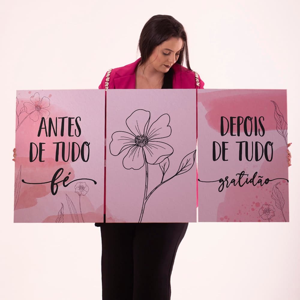 Kit Quadro Grande Decorativo Antes De Tudo Fé Rosa Gratidão Cozinha Sala Quarto