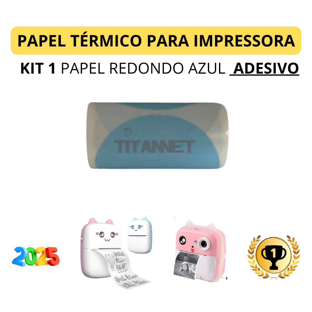 Kit com 1, 3 e 5 Rolos de Etiqueta Adesiva Redonda Azul para Impressora Gato