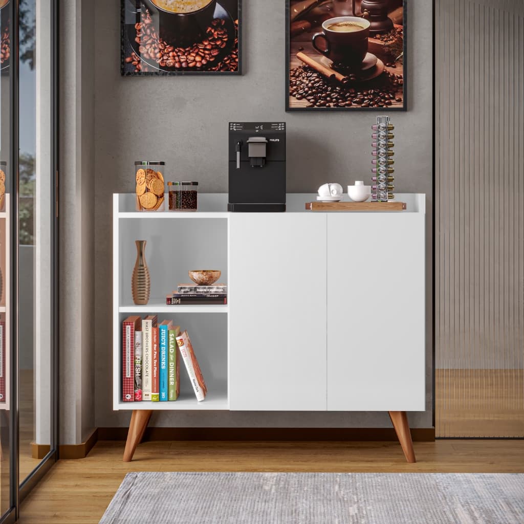 buffet aparador 2 portas e prateleira com pés de madeiras organizador