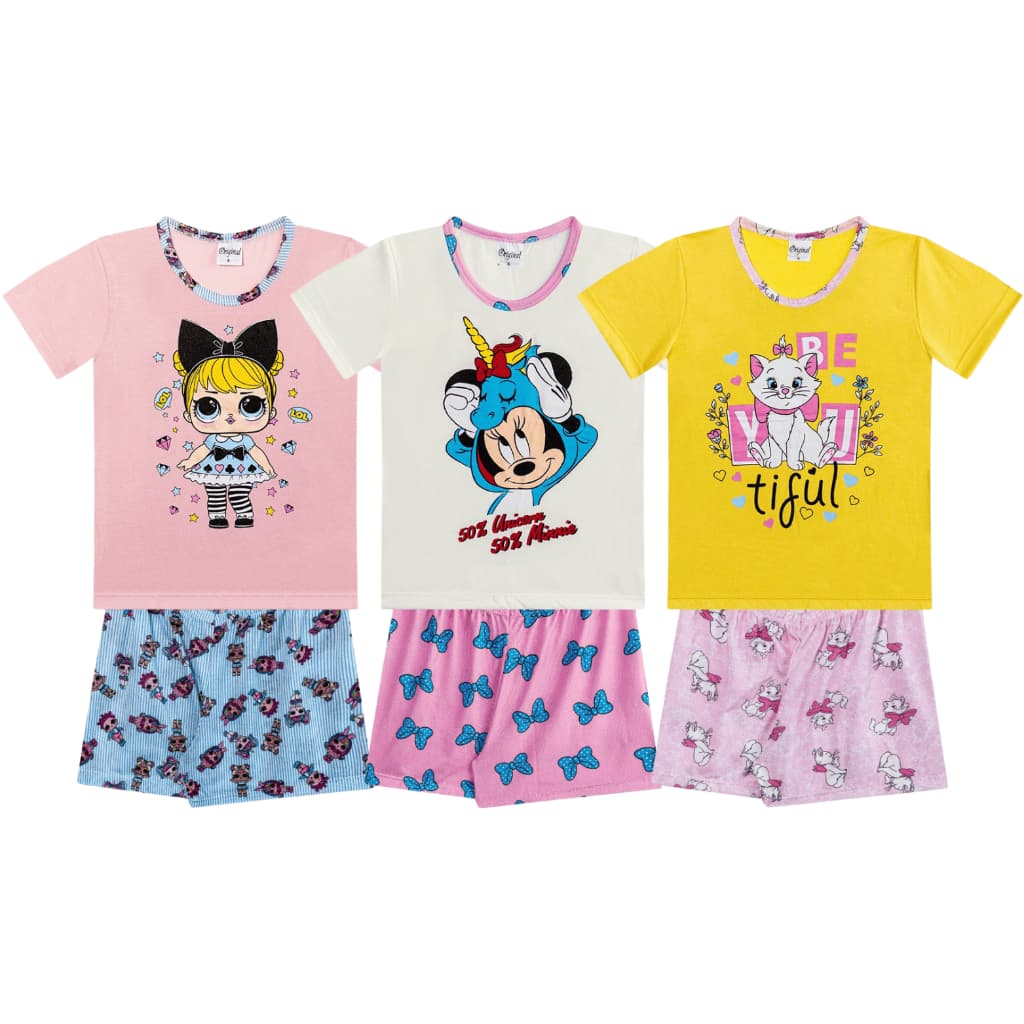 Kit Sortido 3 Pijamas Estampados Feminino/Menina  Infantil Juvenil Verão Algodão 03 ao 16