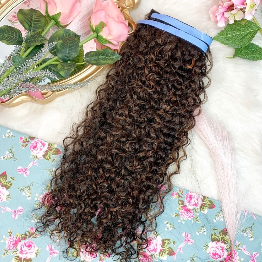 MEGA HAIR ADESIVO CABELO FIBRA PREMIUM CACHEADO 2 TIRAS - CORES E TAMANHOS