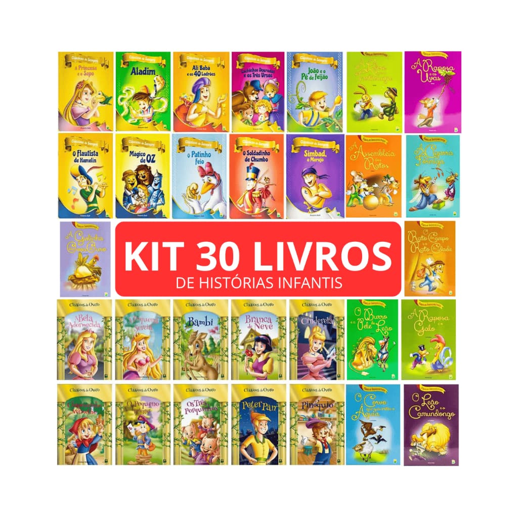 Kit 30 livros de Histórias Infantis - Classicos de Sempre - Fabulas Inesquesíves - Classicos de Ouro