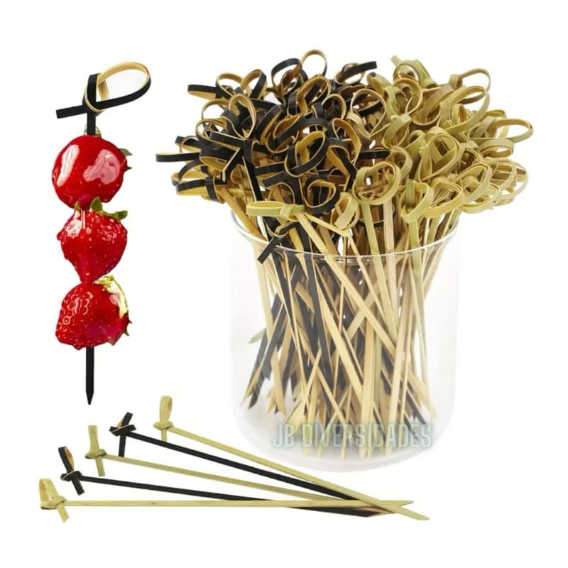 kit 100 palito de petisco Espeto De Bambu 9 cm Decorativo Nozinho Palito Lanches Petisco aperitivos