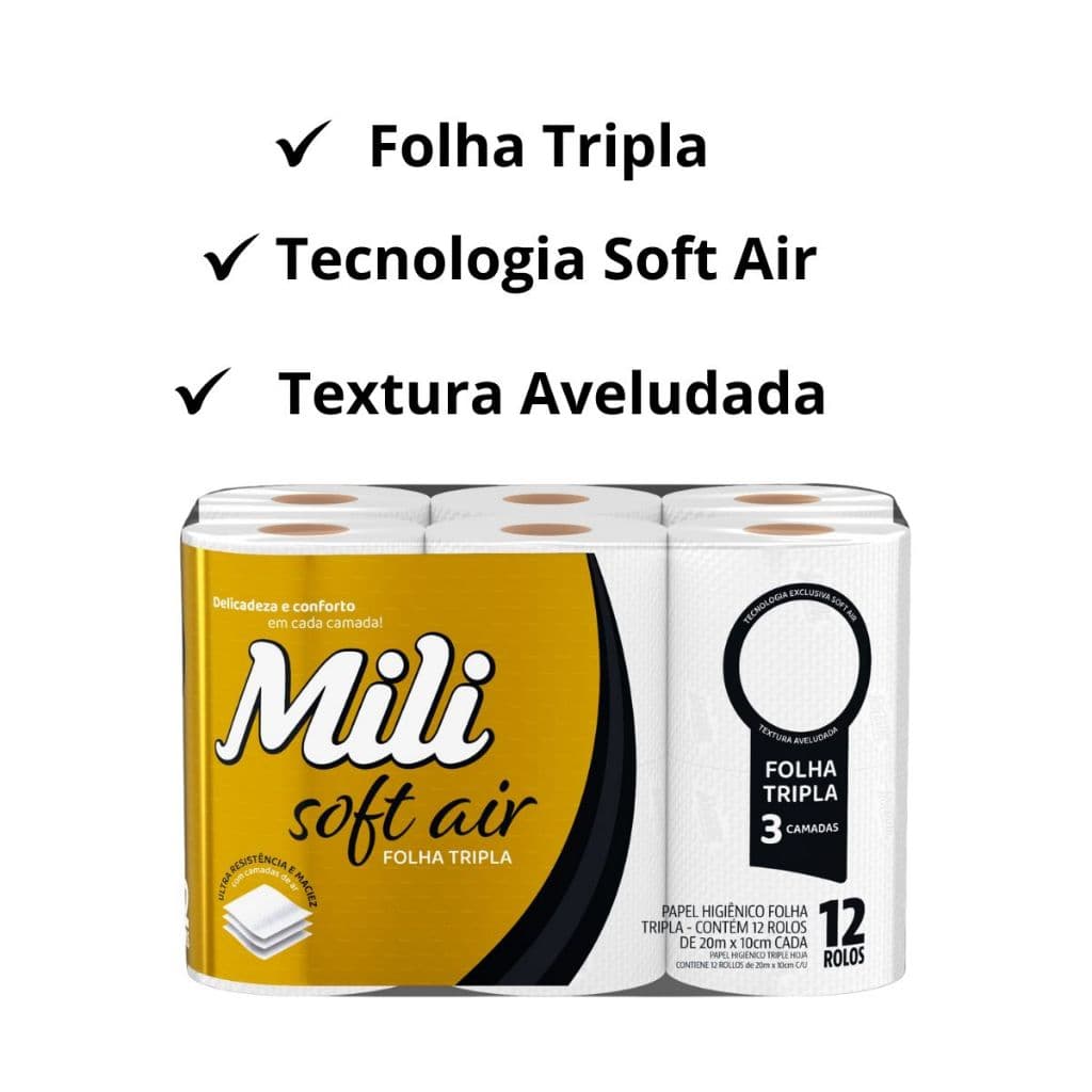 Papel Higiênico Mili Folha Tripla 12 Rolos 20 Metros Soft Air