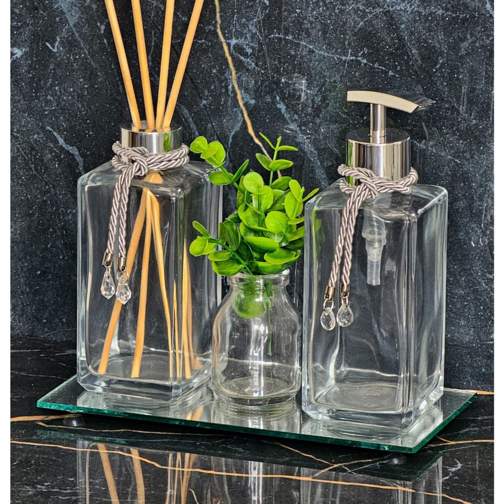 Kit Banheiro Lavabo Aromatizador Difusor Vidro Bandeja Enfeite