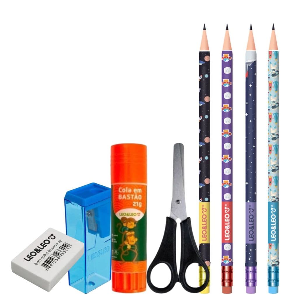 Kit Material Escolar - Lapis grafite HB - Apontador - Tesoura - Borracha - Leonora-Papelaria