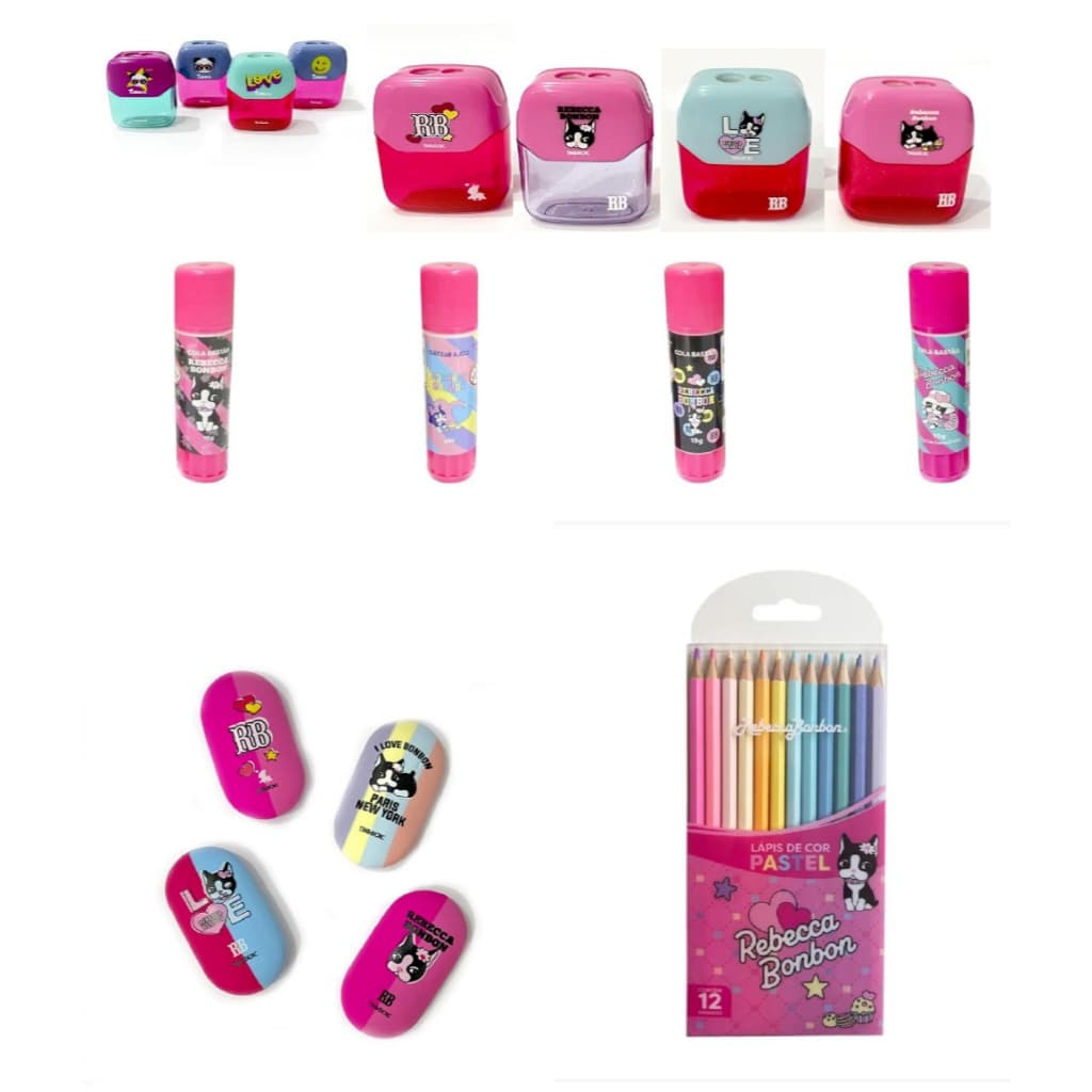 Rebecca Bonbon Borracha, Cola Bastão, Apontador, Lápis de Cor Tons Pastéis 12 cores RB Rebecca Bonbon Oficial - Skypaper
