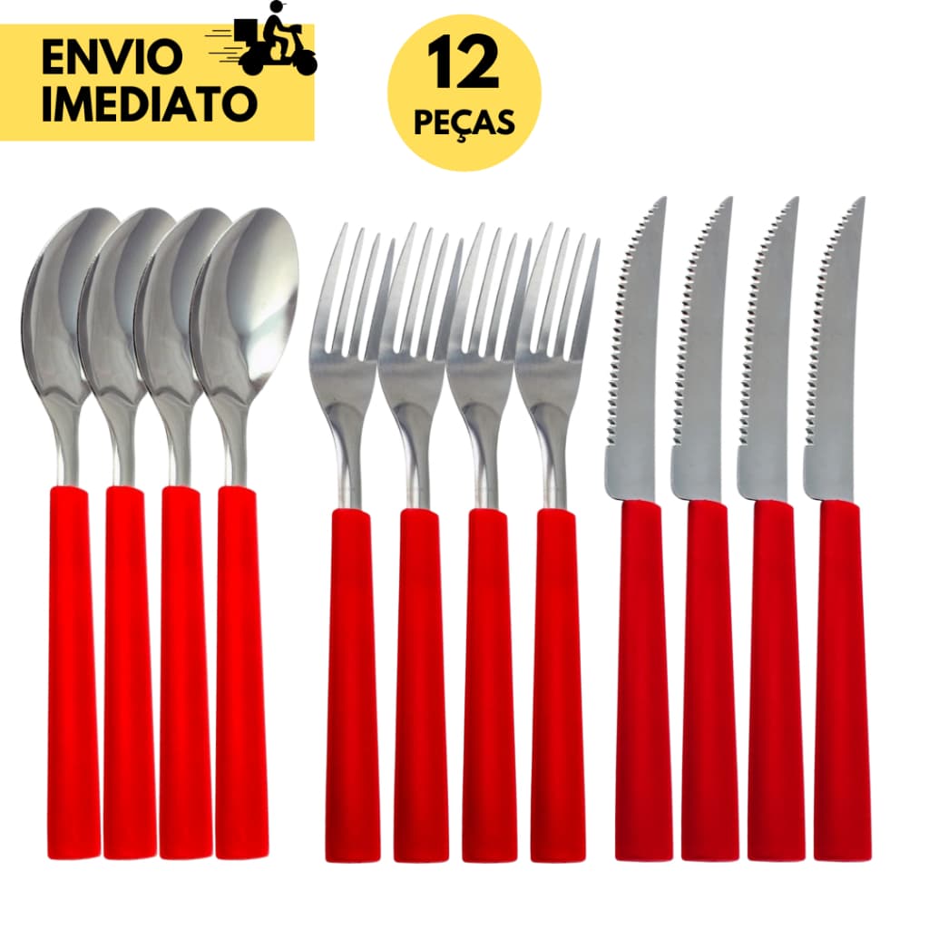 Kits 12 ou 6 Talheres Inox c/ Cabo Vermelho de Mesa Facas Colheres Garfos uso Residencial Refeição