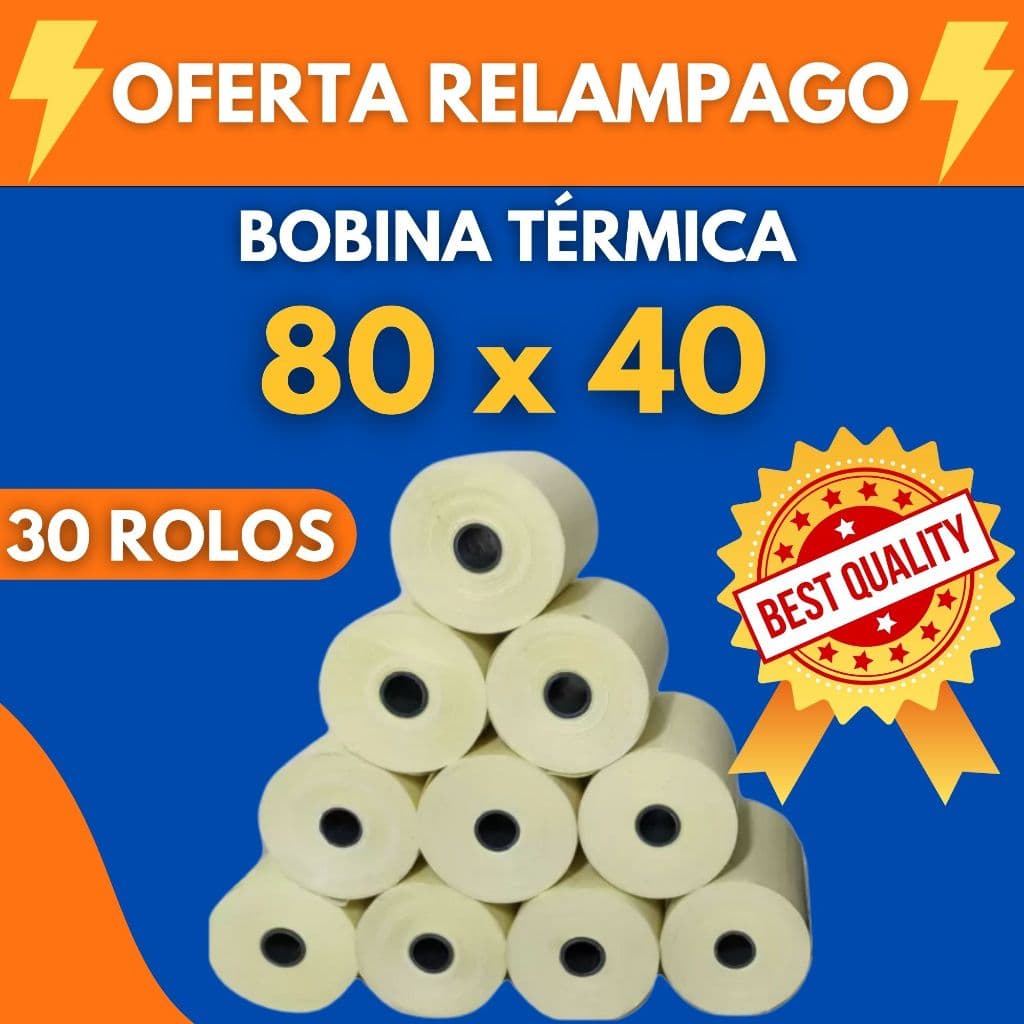 Bobina Termica Lisa 80x40 Papel Qualidade Premium Branco caixa com 30 rolos.