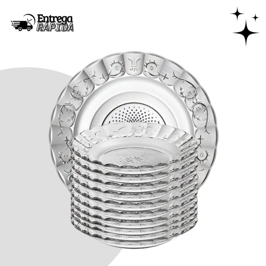 Conjunto com 12 Pratos Fundos Egípcios de Vidro 21,5cm – Design em Alto Relevo, Sofisticado