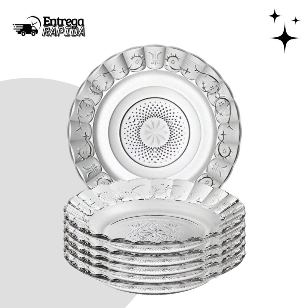 Conjunto com 6 Pratos Fundos Egípcios de Vidro 21,5cm – Design em Alto Relevo, Sofisticado e Moderno