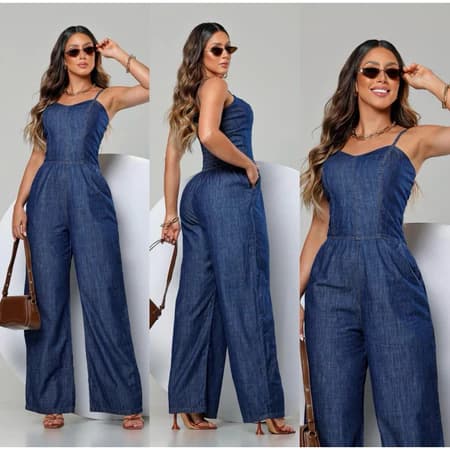 Macacão Feminino Jeans Pantalona Alça Regulável Moda Casaul P ao GG PROMOÇÃO LANÇAMENTO!