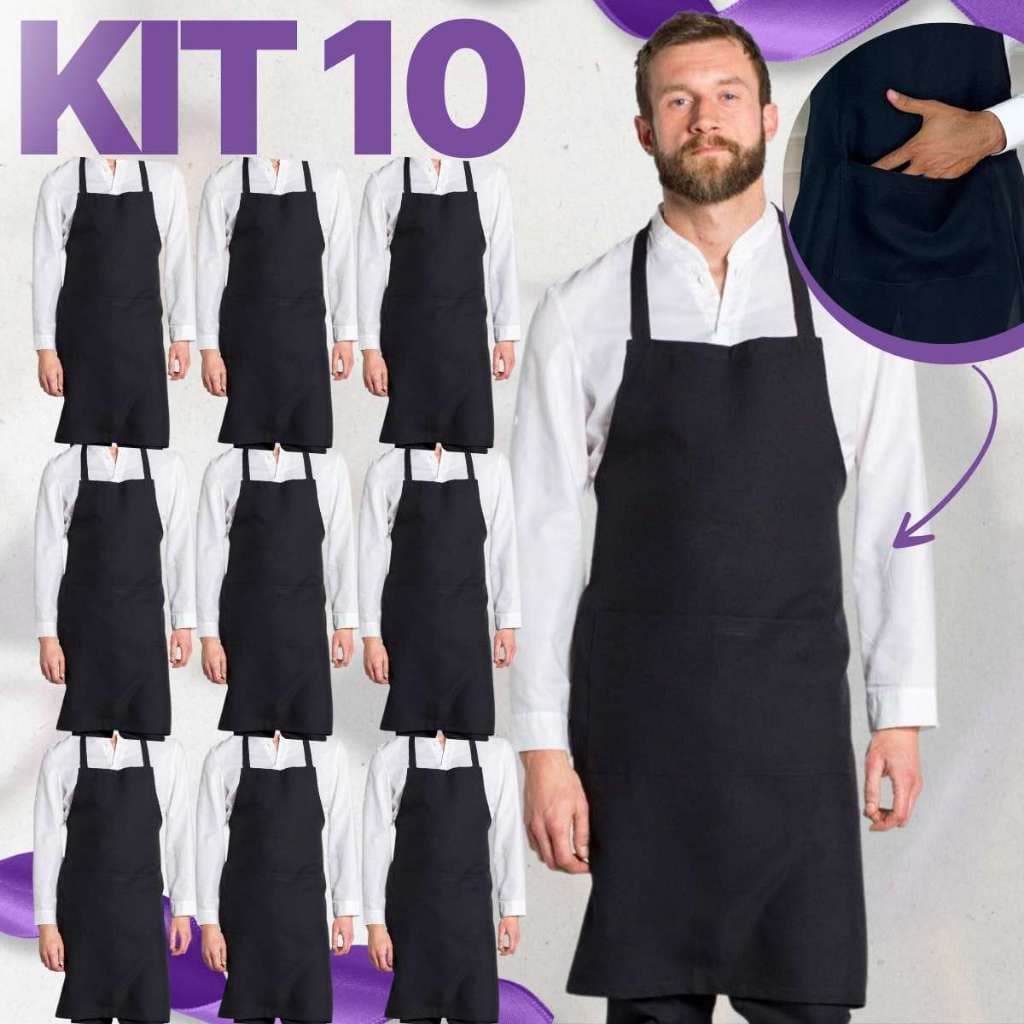 Kit 10 Avental Uniforme Com Bolso Corpo Inteiro Oxford Liso Garçom Cozinha
