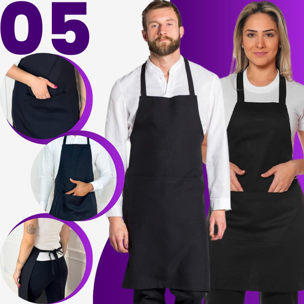 Kit 5 Avental Com Bolso Corpo Inteiro Oxford Liso Garçom Cozinha